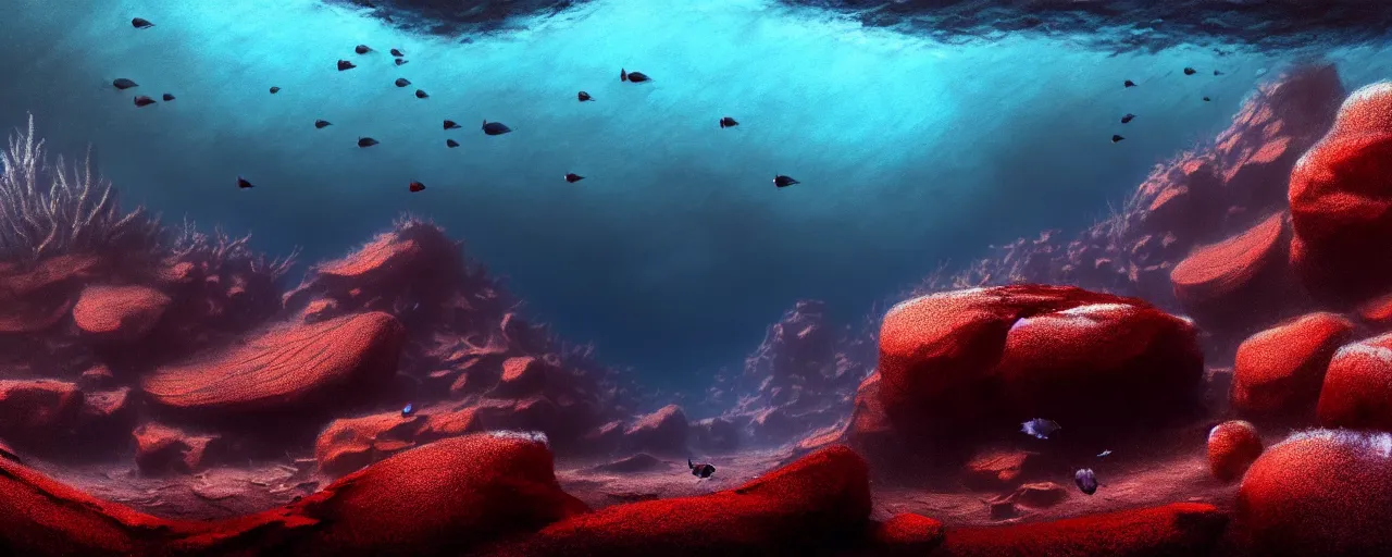 Image similar to A gorgeous detailed oil of a dark red sea covered in big blue steep rocks, a school of piranhas underwater, the further away the mistier it gets, surreal, concept art, dark aesthetic, atmospheric, moody, hyperrealism, highly detailed, masterpiece, award winning, 4k, unreal engine