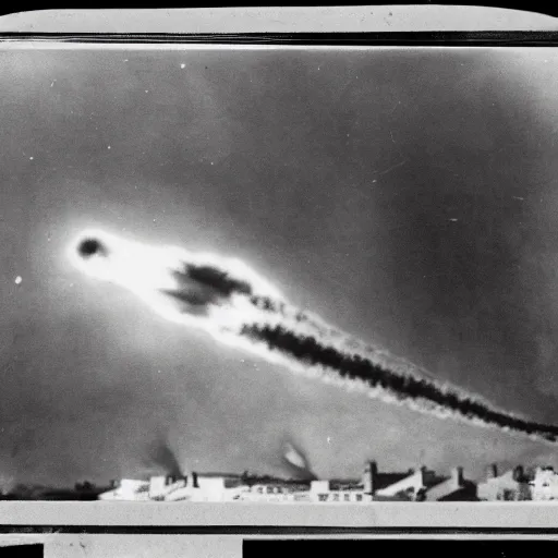 Prompt: 1800s camera obscura photography of a heavily armed zeppelin firing missiles into a city which is in flames