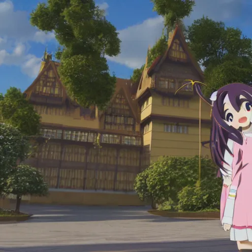 Image similar to menhera - chan, anime girl with long brown hair and black hoodie, posting in front of the wdw castle, kyoani, kyoto animation, key visual