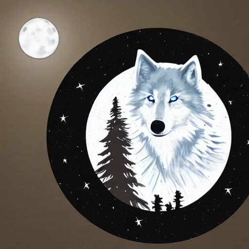 Prompt: white wolf infront of a white moon logo cool