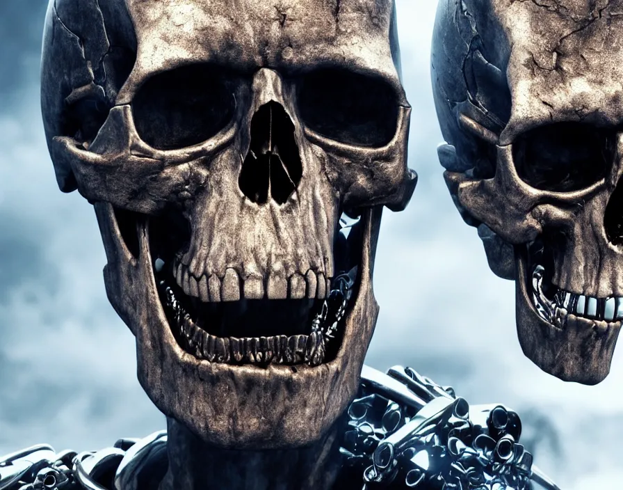 Image similar to terminator skull, realistic metal skull, realistic metal, beautiful texture, beautiful graphics, fantasy artwork, very beautiful scenery, hd, hdr, ue 5, ue 6, unreal engine 5, cinematic 4 k wallpaper, 8 k, ultra detailed