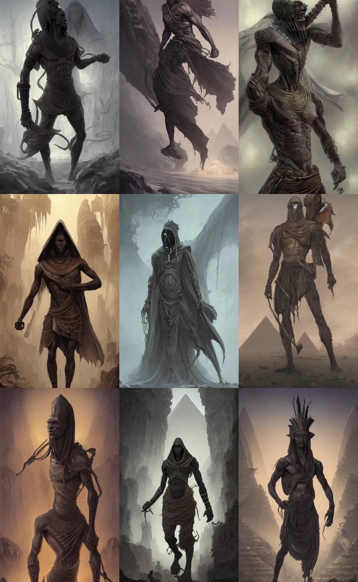 Prompt: dark grey skin, thin corpse, egyptian mummy king, male, full body shot, black cold fog background, highly detailed, digital painting, artstation, concept art, sharp focus, illustration, orientalism, art by aleksi briclot and mohrbacher and raphael lacoste and magali villeneuve