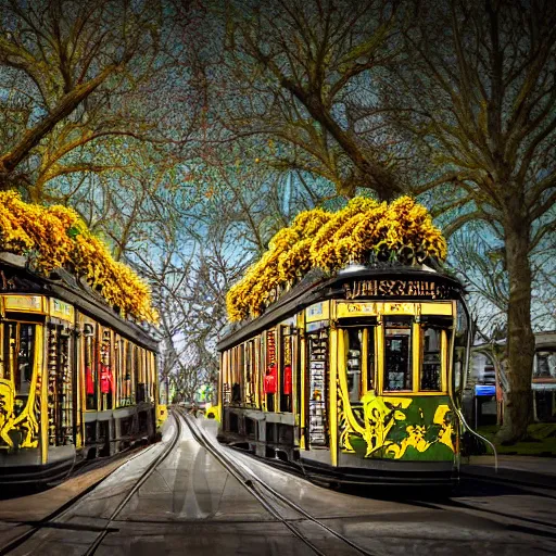 Prompt: haunted holiday in christchurch new zealand tram cashel mall hagley park daffodils high quality 8 k render digital fantasy art beautiful stunning. intricate. ornate. wonderful. utopia.