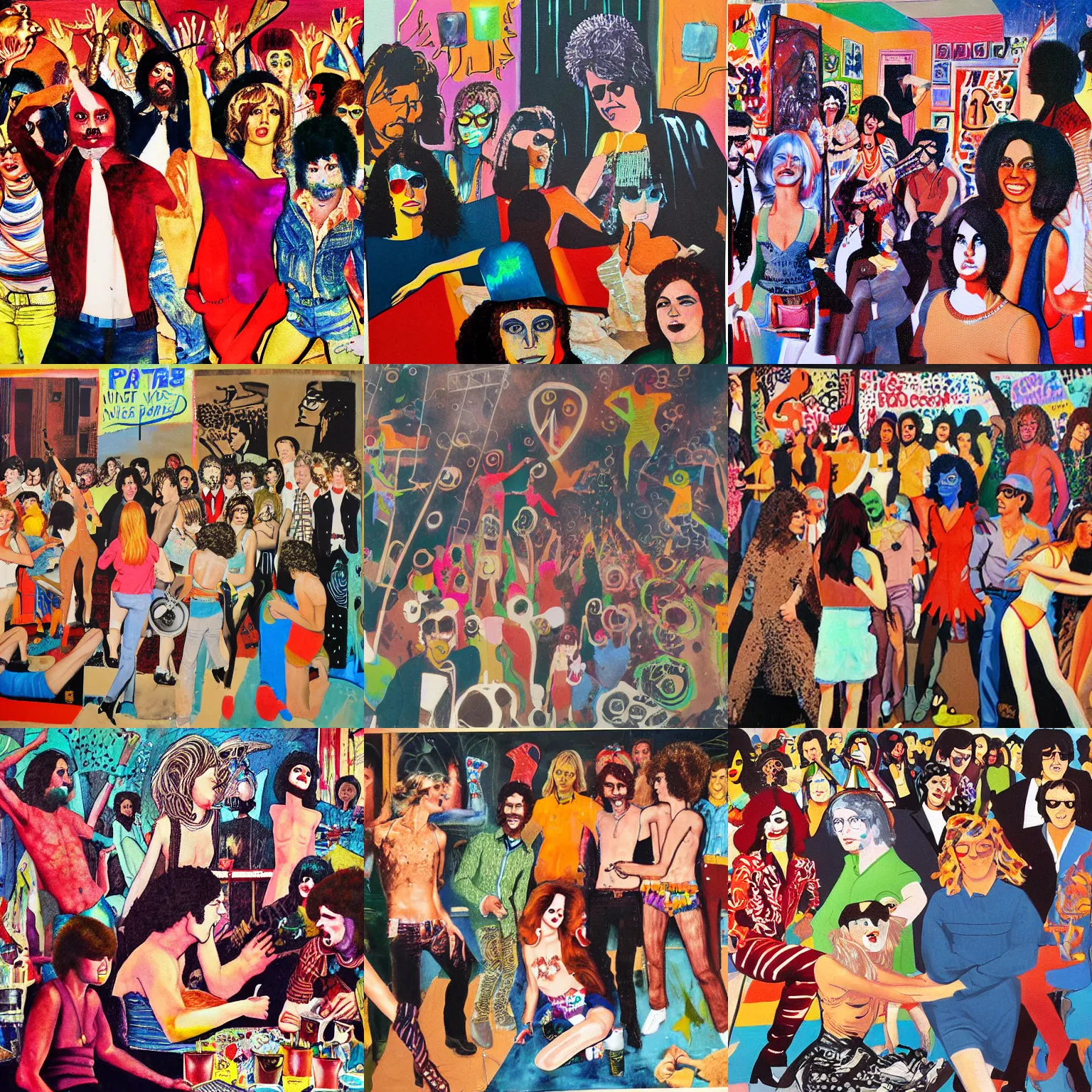 Prompt: a Mixed media painting of a wild party in the 1970s