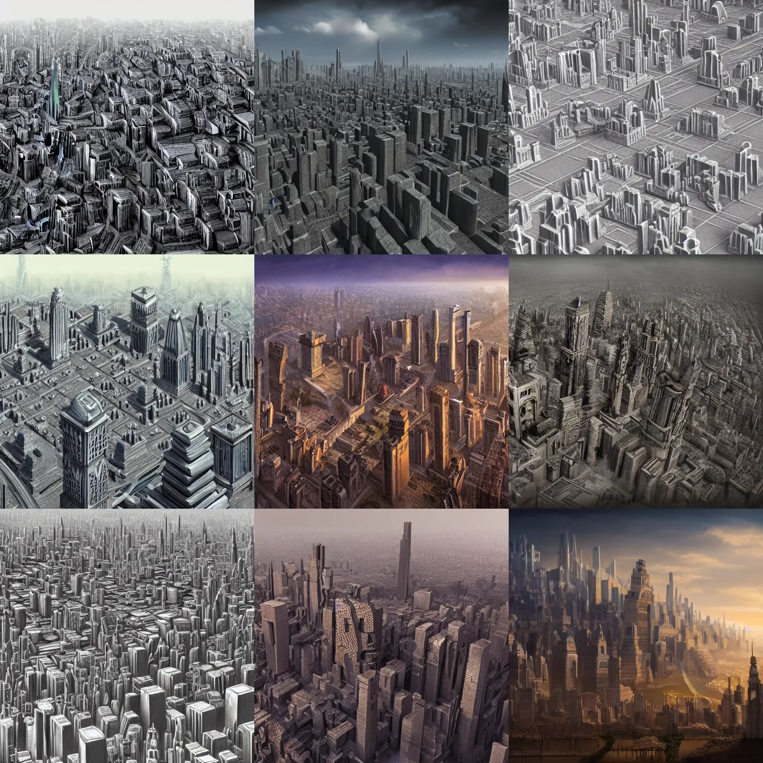 Prompt: digital matte painting city carved out of tall peak