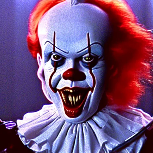 Image similar to a photograph of pennywise wearing a doctor's gown in a hospital, with a lab coat, with a stethoscope, hyperdetailed, intricate, dramatic, horror movie, movie still, 4 k realistic, volumetric lighting, sharp focus, american shot