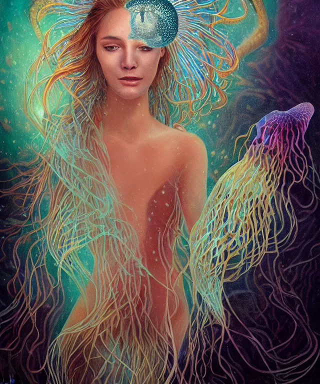 Image similar to underwater portrait of a goddess mermaid with (reaction diffusion) scaled fish skin Bioluminescent phoenix jellyfish, phoenix fire, chimera, energy rays, Her breath shot a haze of steam out into the frosty morning air concept, soft light, soft mood, realistic body features and face, illustration,intricate ornament halo, painting oil on canvas by Elena Zhurikhina and Goro Fujita and Charlie Bowater, octane render trending on artstation, 4k, 8k, HD