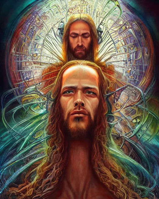 Prompt: jesus christ, by antonio j. manzanedo, giger, alex grey, android jones, wayne barlowe, philippe druillet, raymond swanland, cyril rolando, josephine wall, harumi hironaka, trending on artstation