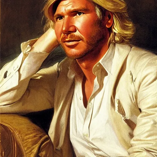 Prompt: a beautiful portrait of Harrison ford with long golden blond hair gazing warmly at the viewer, golden hour, by J.C Leyendecker and Peter Paul Rubens