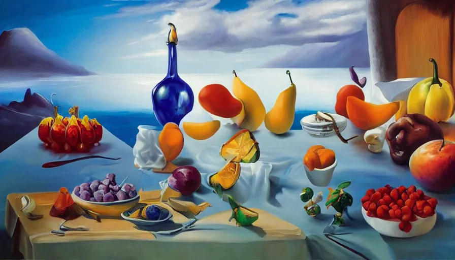 Image similar to RHADS, fever dream, Salvador Dali, fruit party, mural