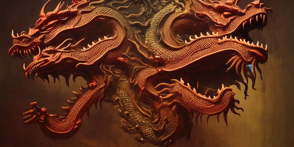 Image similar to a Chinese dragon art by Daniel Dos Santos, Beksinski, Giger, intricate colourfully painted carved wood paneling, lighting, ivory and copper , artstation