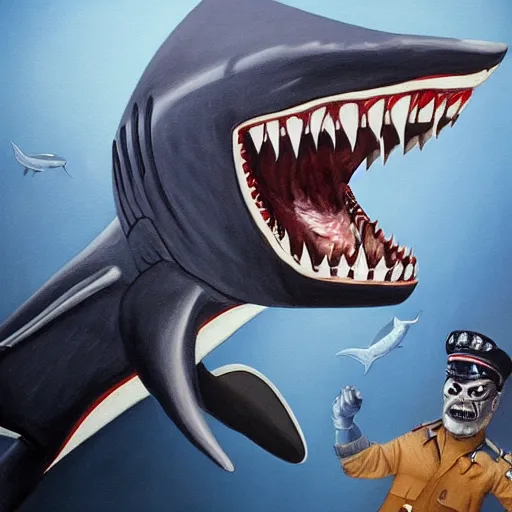 Prompt: detailed painting of a terrifying shark dressed as a police officer, nightmare, lapd