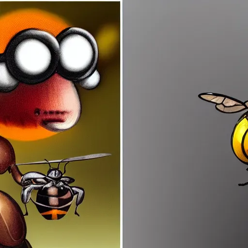 Image similar to scary looking bee holding a sword killing a stupid looking elon musk