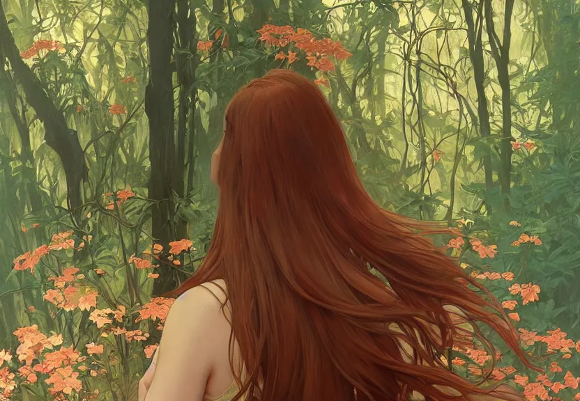 Image similar to a woman seen from behind from far away with copper hair and a flowing sundress dreaming in a forest, fine details by realistic shaded lighting poster by ilya kuvshinov katsuhiro otomo, magali villeneuve, artgerm, jeremy lipkin and michael garmash and rob rey, art nouveau, alphonse mucha, william - adolphe bouguereau, golden hour