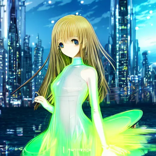 Image similar to a teenage anime android girl wearing a very high intricate detailed dress made out of water standing in a crystal clear lake with a neon lit futuristic city in the background::full body::very long black + red hair::left eye is yellow + right eye is glowing red::heterochromatic eyes::intense stare::cinematic lighting::medium shot::MCU::trending on artstation::CSP + Photoshop::WLOP + Rossdraws + James Jean + Andrei Riabovitchev + Marc Simonetti + Anastasia Ovchinnikova + Véronique Meignaud + BEN MAIER + Sakimichan