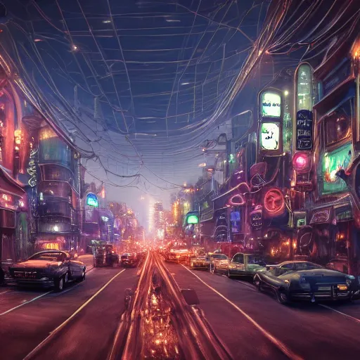 Prompt: a wide steampunk highway, dense traffic, electricity lightning, cold, soft, concept art, sharp focus, intricate details, highly detailed, photorealistic, disney pixar, octane render, iridescent, anime, big field of view, widescreen