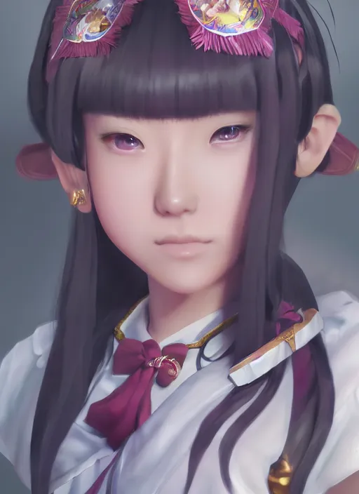 Prompt: gorgeous feminine Japanese schoolgirl, elaborate polished, trending on ArtStation, by Warcraft concept artist, sublime-classy-dignified ambience, 16k, sharp focus, volumetric lighting