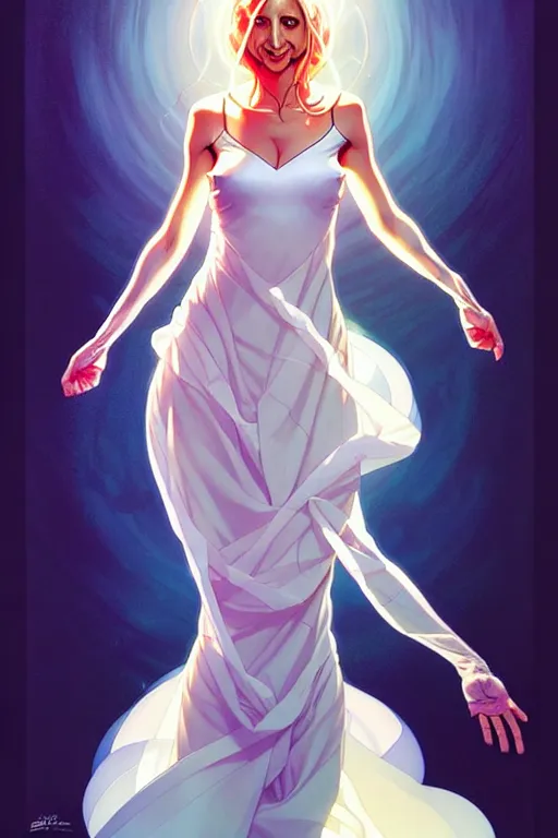 Prompt: artgerm, joshua middleton comic cover art, pretty ghost sarah michelle gellar entire full body, floating, creepy smile, white dress, friendly, translucent, symmetrical eyes, symmetrical face, long white hair, inside haunted house