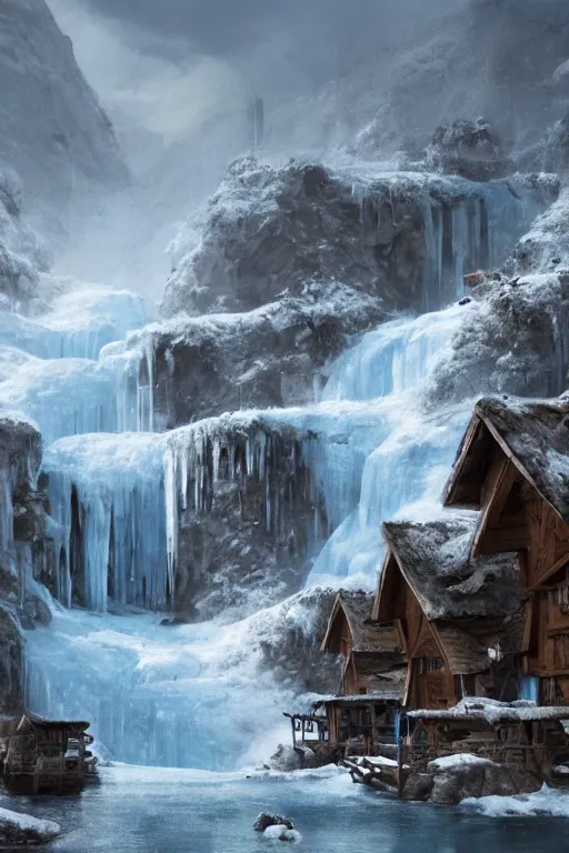 Image similar to mountain village with wooden viking houses on top of a waterfall in the snow, blizzard, a small stream runs beneath the waterfall, iceicles, landscape, raphael lacoste, eddie mendoza, alex ross, concept art, matte painting, highly detailed, rule of thirds, dynamic lighting, cinematic, detailed, denoised, centerd