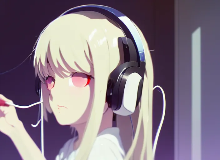 Image similar to a film still portrait of a white long hair red eyed young cute girl wearing a headset in a room interior, closeup, perfect art, gapmoe yandere, trending on pixiv fanbox, painted by makoto shinkai takashi takeuchi studio ghibli