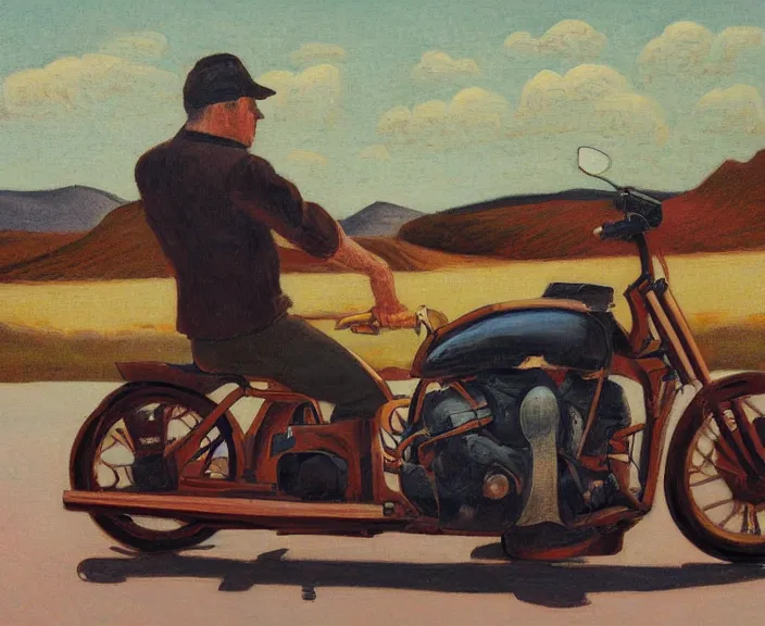 Image similar to a very detailed painting of a man wearing a leather jacket, riding a motorbike, harley davidson motorbike, worm's - eye view, very small brush strokes, in the style of edward hopper and grant wood and syd mead, 4 k,