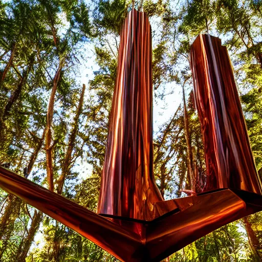 Prompt: polished copper treehouse strange attractor sculptures and geometric shadows, tall redwood forest, twilight, by robert maguire, charles o. perry, zack snyder, featured on deviantart, intricate, excited, wide - angle, kodak ektar