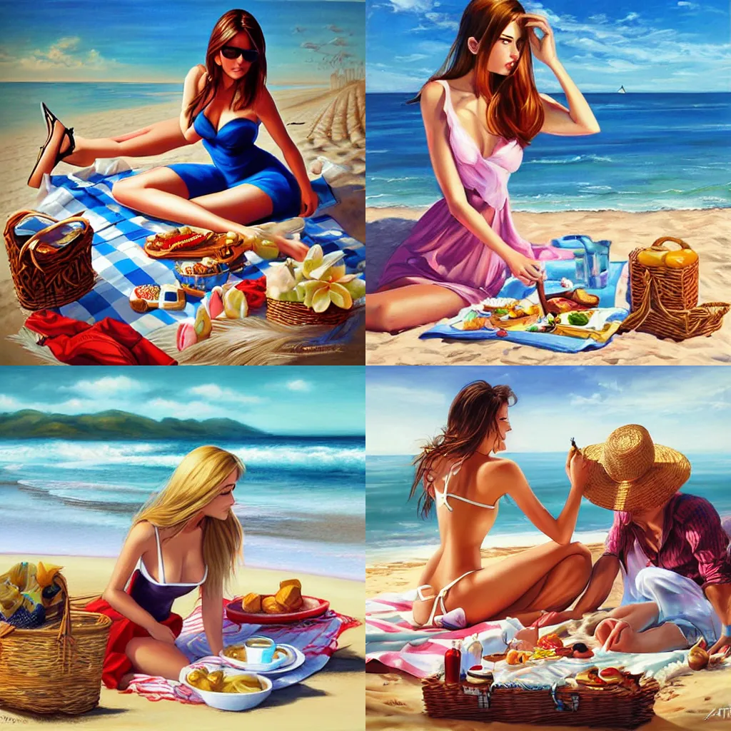 Prompt: a picnic on the beach by by artgerm,