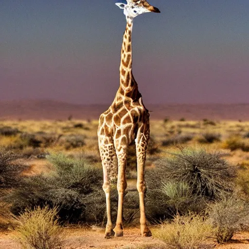 Image similar to giraffe grazing in the arid desert surrounded by cactus trees national geographic wild 400mm aspect ratio focal detailed proportional sky clouds safari magazine editorial animal planet