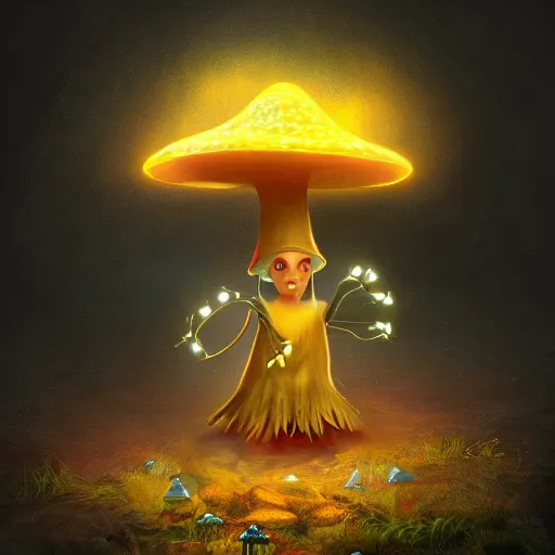 Image similar to a very detailed realistic digital painting of a bioluminescent mushroom wizard. Casting a spell. Trending on Artstation.