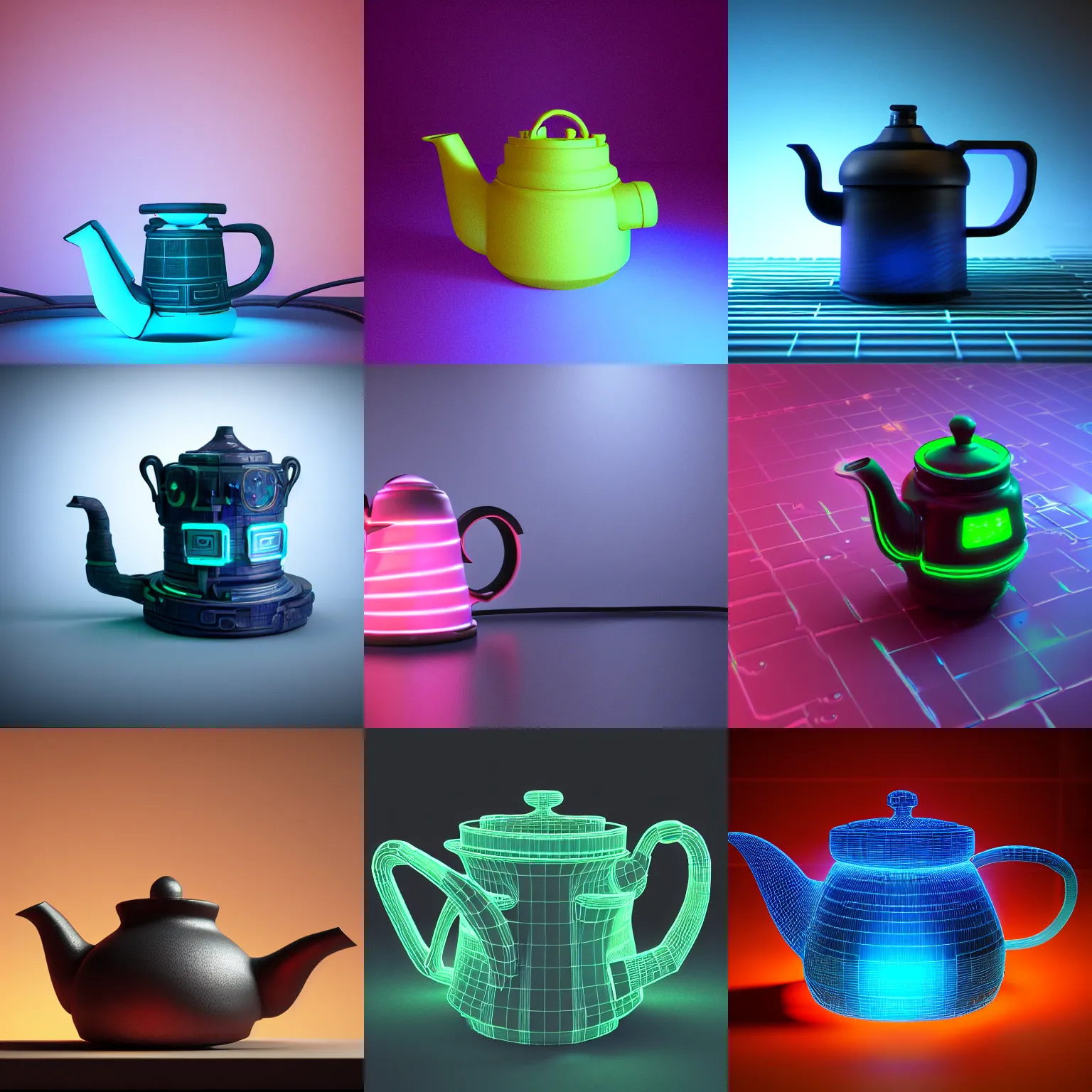 Prompt: a cyberpunk teapot. neon lights, concept, octane 3 d render. raytraced image.