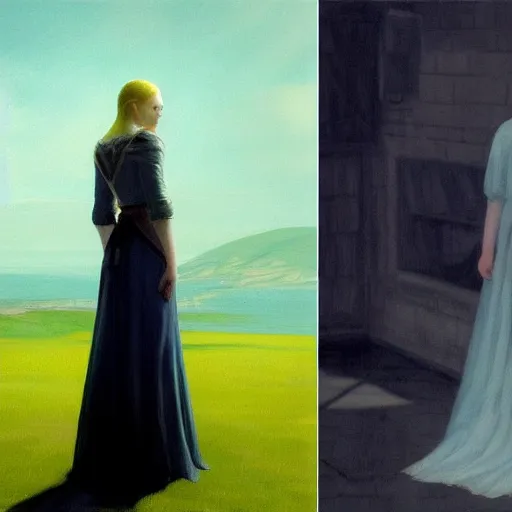 Prompt: Painting of Elle Fanning in the painted world of dark souls, by Edward Hopper. 8K. Extremely detailed.