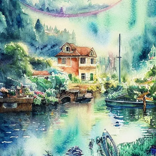 Image similar to Beautiful happy picturesque charming sci-fi town in harmony with nature. Beautiful light. Water and plants. Nice colour scheme, soft warm colour. Beautiful detailed artistic watercolor by Lurid. (2022)