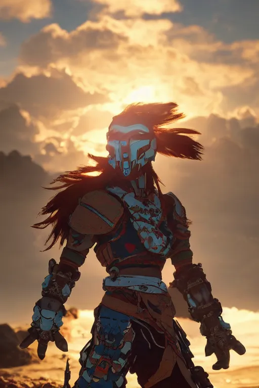 Image similar to combination suit armor aloy horizon forbidden west horizon zero dawn robot ninja mask helmet backpack tribal, aesthetic octane render, 8 k hd resolution, by ilya kuvshinov and cushart krentz and gilleard james radiating a glowing aura cgi rtx 2 0 2 2