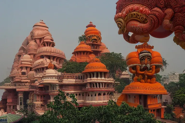 Image similar to beautiful dreamscape! biomorphic new delhi, hanuman!! head building, kalighat, octane sharp cinematic, stephen shore & john j. park, soft morning light, wide shot, high angle, uhd 8 k, shallow depth of field