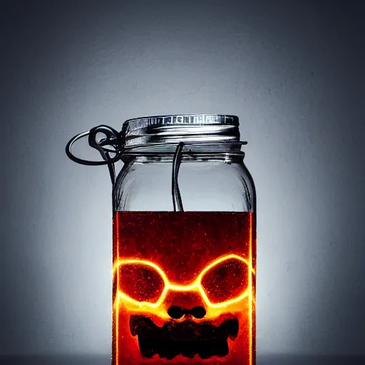 Image similar to Evil monster in a jar, product photography, centered, studio lightning