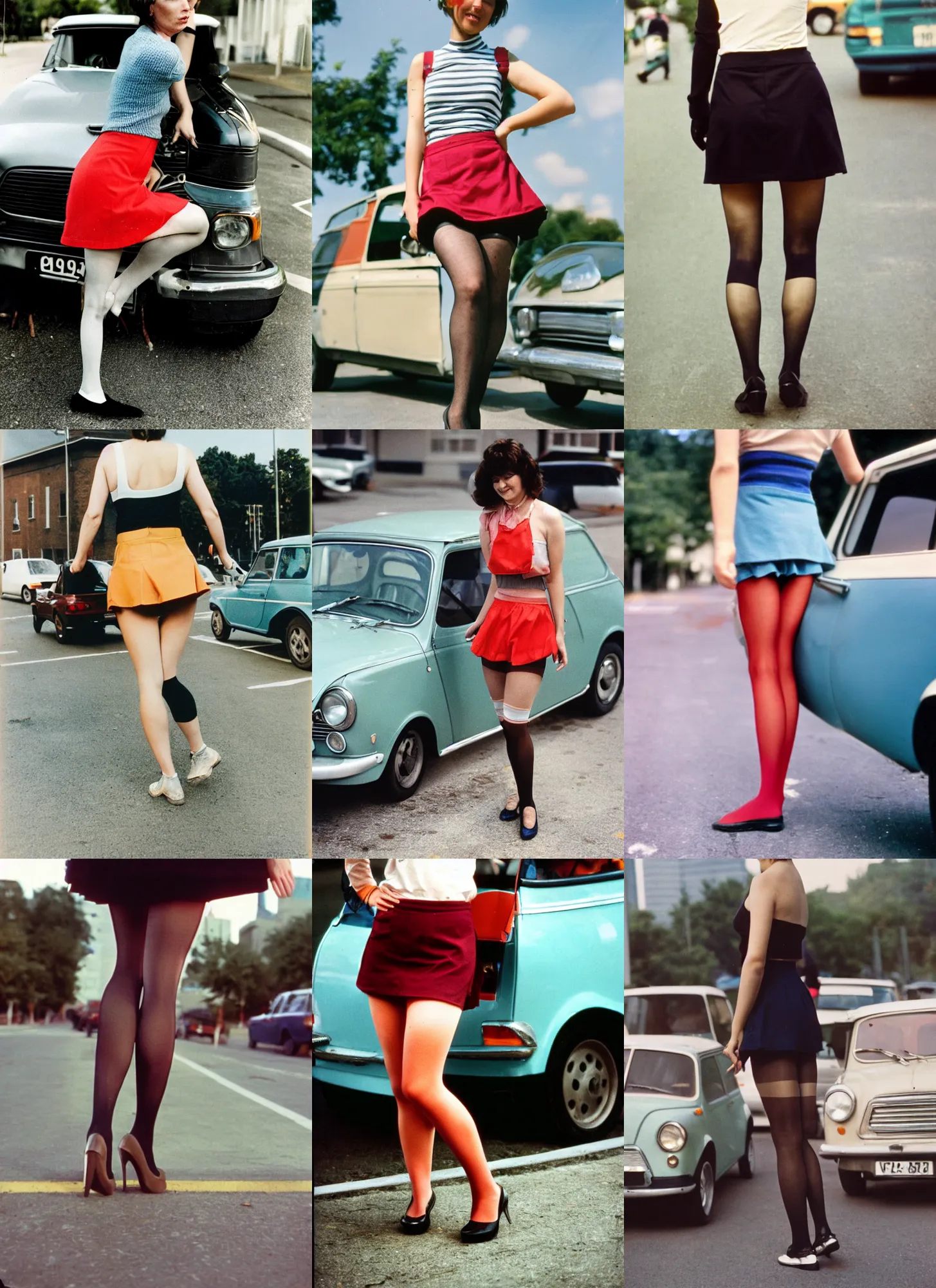 Prompt: A woman, mini-skirt, short hair, tights, building, car; on the street, summer; 90's professional color photograph, close up, back,