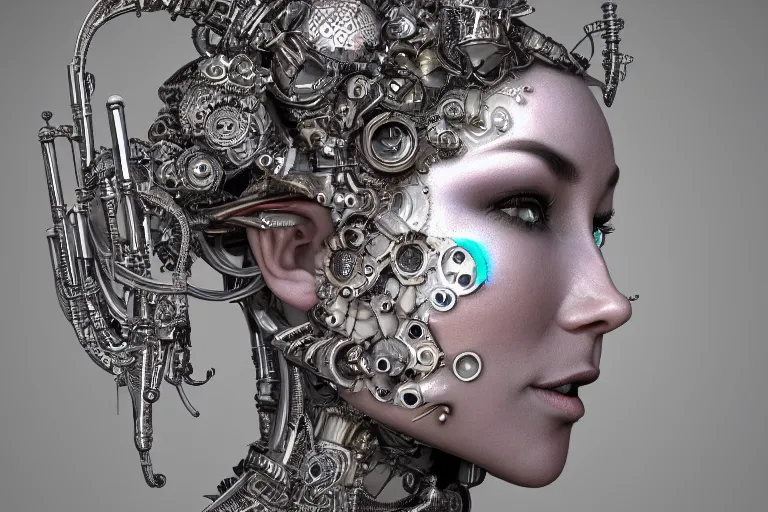 Prompt: beautiful frontal face portrait of a cute queen female cyborg, 150mm, chromatic aberration, Mandelbrot fractal, symmetric, steampunk, silver mechanical, intricate, elegant, highly detailed, ornate, ornament, sculpture, elegant , luxury, beautifully lit, ray trace, octane render in the style of peter gric and Alex grey,8K artistic photography, photo-realistic art station