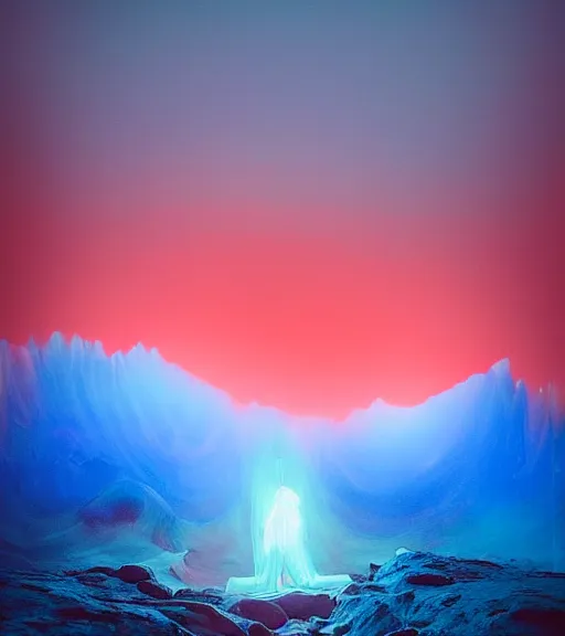 Image similar to lokah samastah sukhino bhavantu vertical blue light, iphone 1 3 pro max, painting art, volumetric lighting, majestic light, ethereal, hyperrealistic, at night, epic, masterpiece, by reuben wu