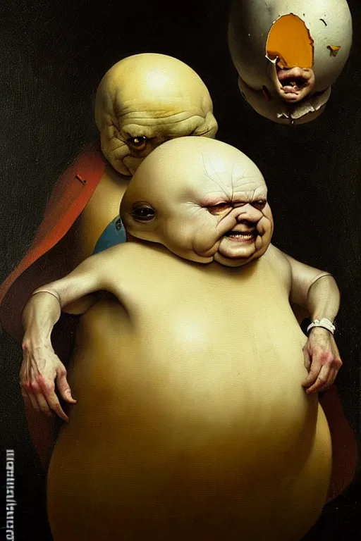 Image similar to hieronymus bosch greg rutkowski, oil painting of humpty dumpty, tweedle dum