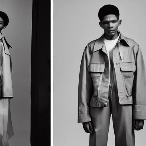 Prompt: realistic photoshooting for a new balenciaga lookbook color film photography of a beautiful woman model, model wears a workwear jacket, photo in style of tyler mitchell, ssense