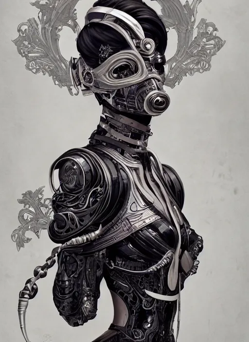 Prompt: a cyborg with mask, black leather garment with art nouveau ivory accessories, cyberpunk, darksynth, luxury, concept art by james jean, extremely detailed, ominous, ethereal, artstation, andree wallin, edvige faini, balaskas, alphonse mucha, 8 k, unreal engine 5