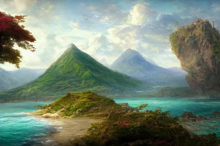 Prompt: an island from afar with forests and a mountain in open ocean, art by Sophie Anderson, artstation, highly detailed, magic the gathering art