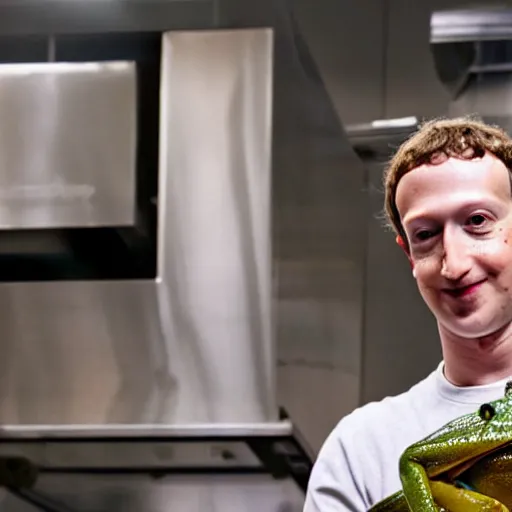 Prompt: mark zuckerberg as a chef offering you a live frog on a plate