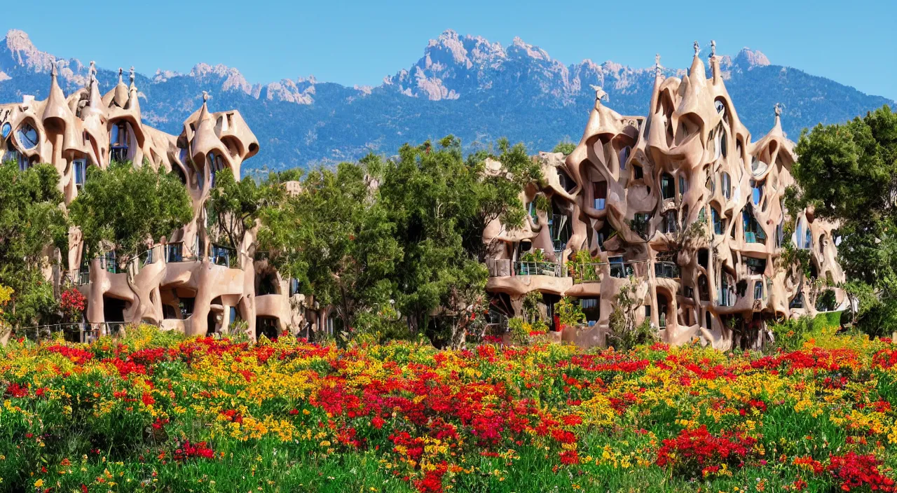 Image similar to a house designed by Antoni Gaudí, with flower fields as foreground, with mountains as background