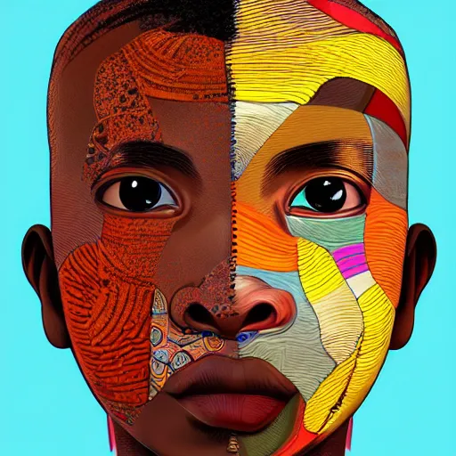 Image similar to colourful upper half portrait of an african boy, art by takashi murakami, highly detailed, digital painting, ray tracing, concept art, illustration, smooth sharp focus, intricate, symmetry, artstation,