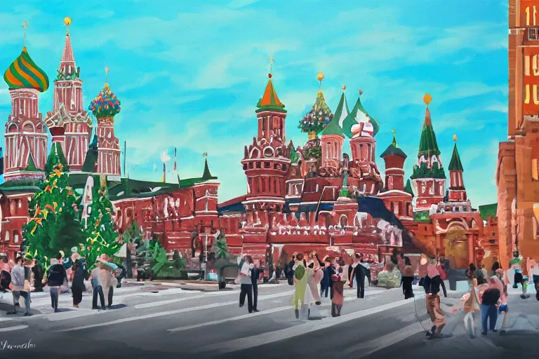 Prompt: painting!! street view panorama of russia moscow teatral'nyy proyezd disney background keyart gouache acrylics