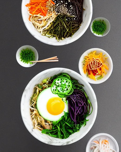 Image similar to realistic photo of delicious bimbimbap, bowl, white kitchen table, cloth, onion, greenery, marble, highly detailed, by louise lister, sara ali, mary devinat, kailee mandel, masterpiece, award winning, food photography