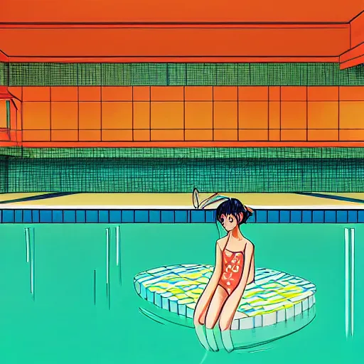 Image similar to girl swimming in an indoor pool in hungary, sprite, vaporwave nostalgia, green and white color palette, directed by beat takeshi, visual novel cg, 8 0 s anime vibe, kimagure orange road, maison ikkoku, sketch by osamu tezuka, directed by makoto shinkai and beat takeshi