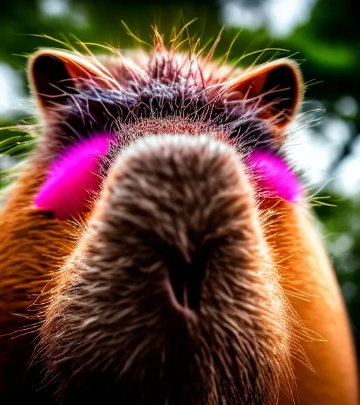 Image similar to award winning 5 5 mm close up portrait color photo of a capybara with pink slime oozing out of its nose, in a park by luis royo. soft light. sony a 7 r iv