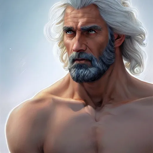 Image similar to half body portrait of rugged zeus, greek god, 4 0 years old, handsome, white hair, soft hair, upper body, muscular, hairy torso, fantasy, intricate, elegant, highly detailed, digital painting, artstation, concept art, smooth, sharp focus, illustration, art by artgerm and greg rutkowski and alphonse mucha